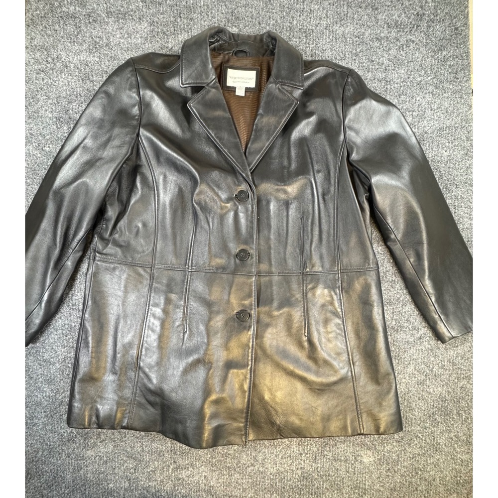 Worthington Genuine Leather‎ Jacket Black Car Coat Blazer 3 Button Womens Large